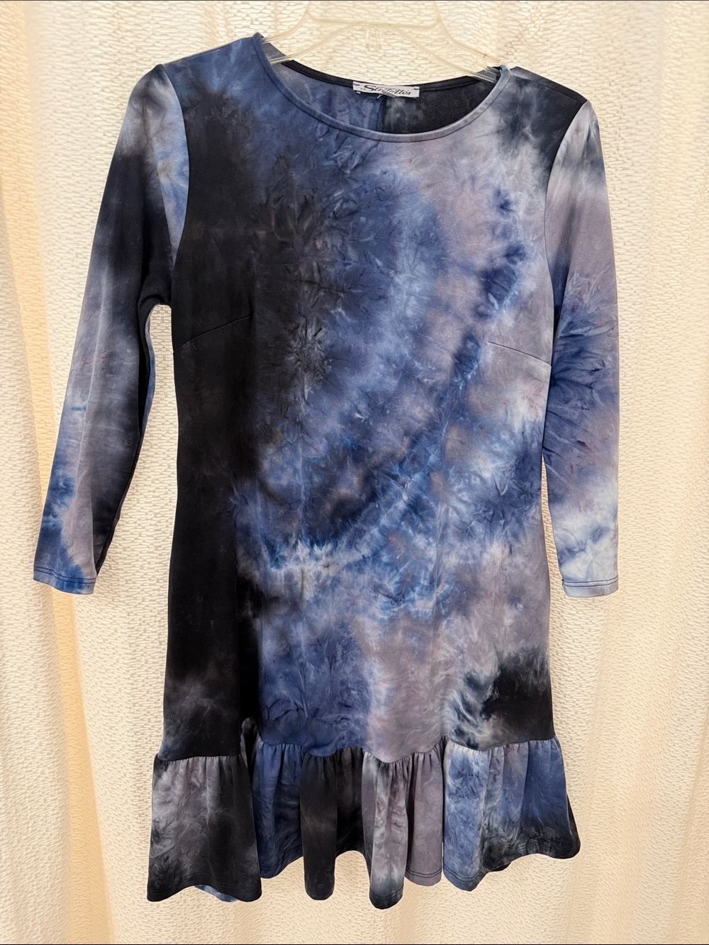 Velvety-feel Tie-Dye Blue Mini Dress with Ruffle Hem